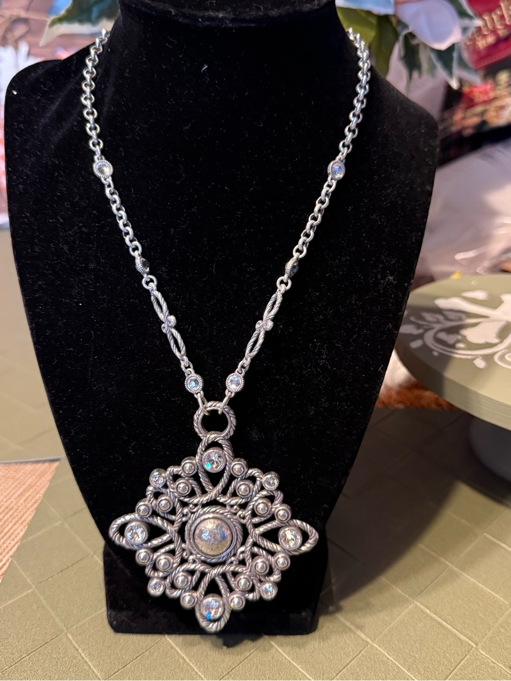 Brighton Silver-Tone Filigree Crystal Medallion Necklace - Silver